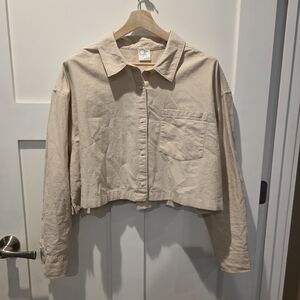 Offline by Aerie Women's Long Sleeve Cropped Button Down Tan Cream Shirt XL